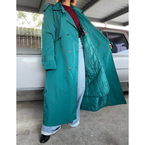 🔥Vintage 80s Maggie Lawrence Double Breasted Long Rain Trench Coat Quilt Line - Picture 4 of 16